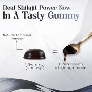 Puede incluir: Un anuncio de gomitas de Shilajit. La imagen muestra una gomita marr&oacute;n oscuro junto a una cucharada de resina de Shilajit. El texto dice "Real Shilajit Power Now In A Tasty Gummy" y "1 Gummy (200 mg) = 1 Pea Scoop of Shilajit Resin."