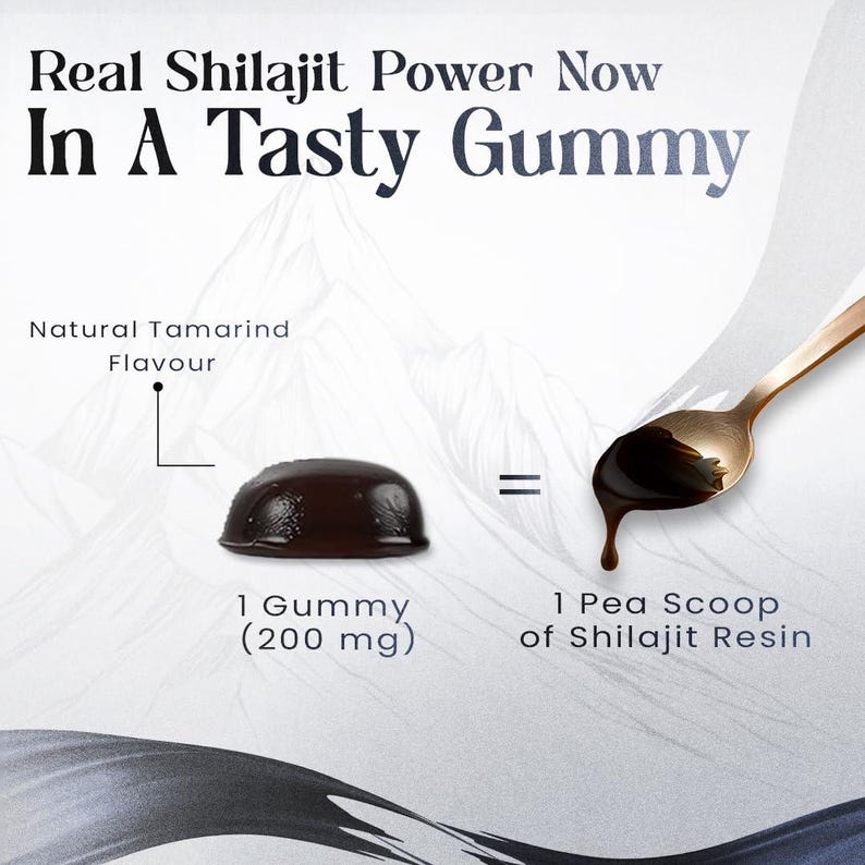 Puede incluir: Un anuncio de gomitas de Shilajit. La imagen muestra una gomita marr&oacute;n oscuro junto a una cucharada de resina de Shilajit. El texto dice "Real Shilajit Power Now In A Tasty Gummy" y "1 Gummy (200 mg) = 1 Pea Scoop of Shilajit Resin."