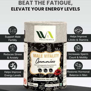 Op de afbeelding: Een cilindrische verpakking van "Male Vitality Gummies" met cranberry bliss smaak. Het etiket bevat tekst en illustraties die voordelen promoten zoals energieniveaus, stressvermindering en mannelijke vruchtbaarheid. Het product bevat 30 gummies.