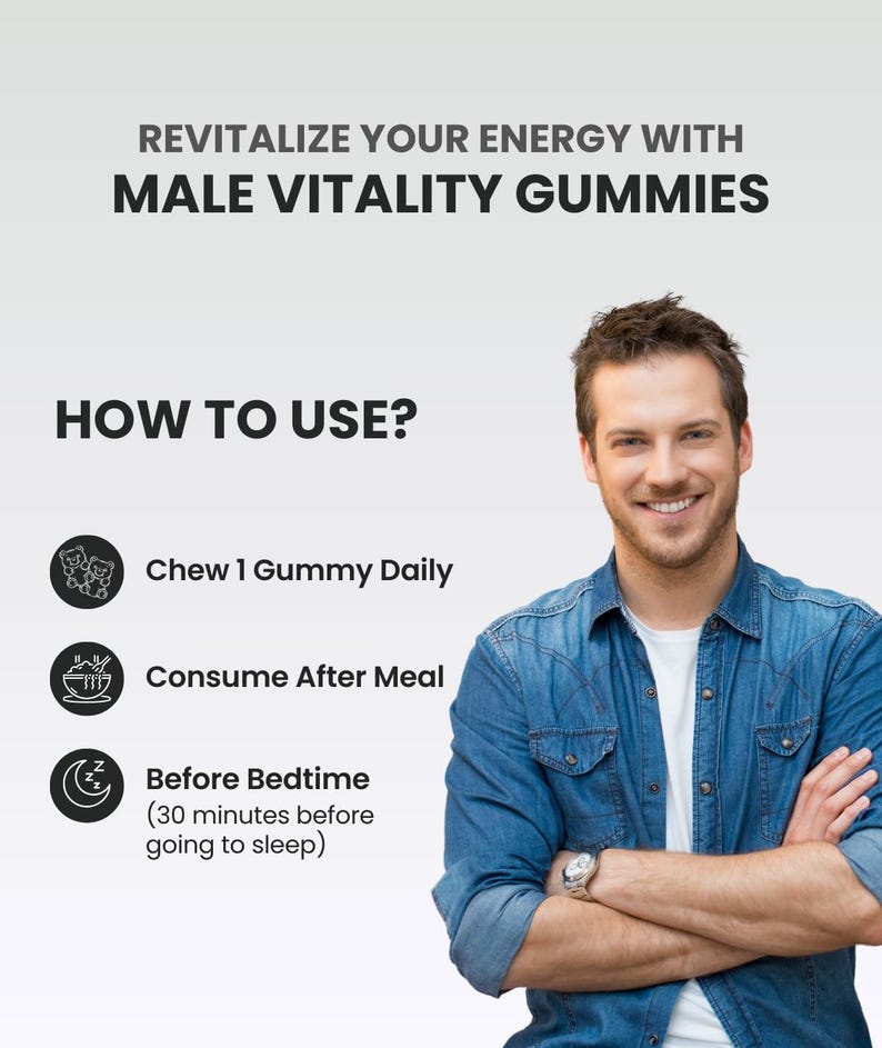 Op de afbeelding: Afbeelding die Male Vitality Gummies promoot. Tekst luidt: "Revitaliseer je energie met Male Vitality Gummies." Instructies: Kauw dagelijks 1 gummy, consumeer na de maaltijd en voor het slapengaan (30 minuten voor het slapen gaan).