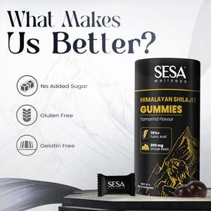 Puede incluir: Un recipiente cil&iacute;ndrico negro de SESA Wellness Himalayan Shilajit Gummies con sabor a tamarindo. La etiqueta destaca 'Sin az&uacute;car a&ntilde;adida', 'Sin gluten' y 'Sin gelatina'. La imagen tambi&eacute;n muestra una sola gomita envuelta y el texto 'What Makes Us Better?'
