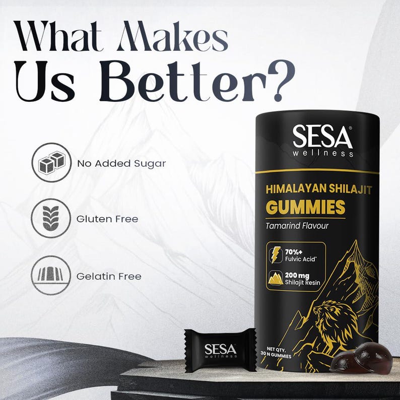 Puede incluir: Un recipiente cil&iacute;ndrico negro de SESA Wellness Himalayan Shilajit Gummies con sabor a tamarindo. La etiqueta destaca 'Sin az&uacute;car a&ntilde;adida', 'Sin gluten' y 'Sin gelatina'. La imagen tambi&eacute;n muestra una sola gomita envuelta y el texto 'What Makes Us Better?'