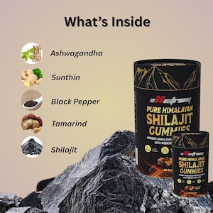 May include: Two black cylindrical containers of "Pure Himalayan Shilajit Gummies" with gold mountain graphics. The image also shows ingredients: Ashwagandha, Sunthin, Black Pepper, Tamarind, and Shilajit. The text "What's Inside" is at the top.