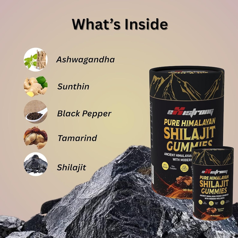 May include: Two black cylindrical containers of "Pure Himalayan Shilajit Gummies" with gold mountain graphics. The image also shows ingredients: Ashwagandha, Sunthin, Black Pepper, Tamarind, and Shilajit. The text "What's Inside" is at the top.