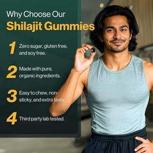 May include: An image featuring a man holding a Shilajit gummy. The text highlights the gummies' features: zero sugar, gluten-free, soy-free, made with organic ingredients, easy to chew, and third-party lab tested. The background is a gradient of green and gray.
