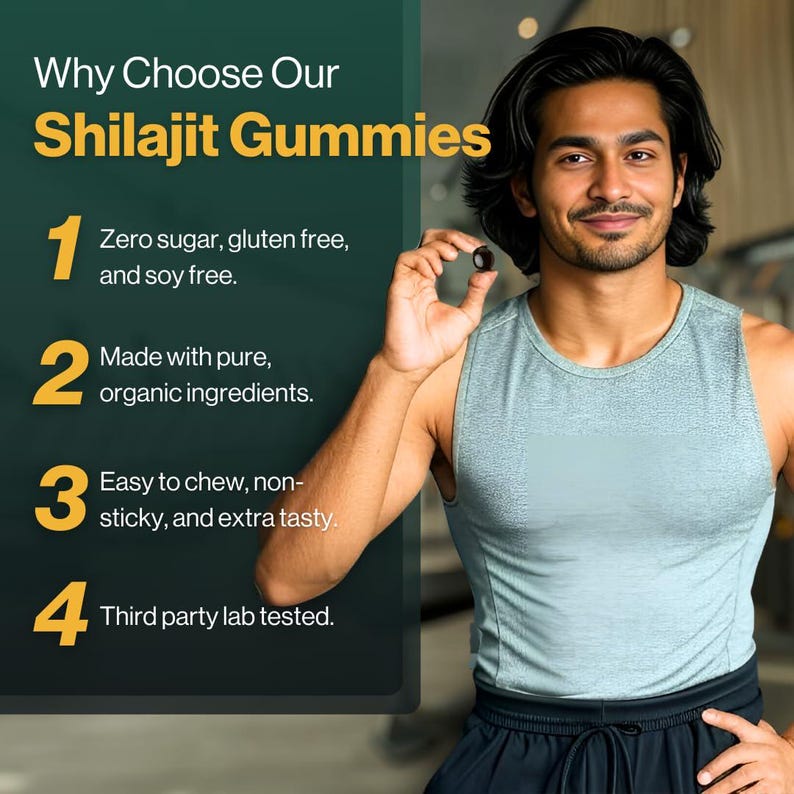 May include: An image featuring a man holding a Shilajit gummy. The text highlights the gummies' features: zero sugar, gluten-free, soy-free, made with organic ingredients, easy to chew, and third-party lab tested. The background is a gradient of green and gray.