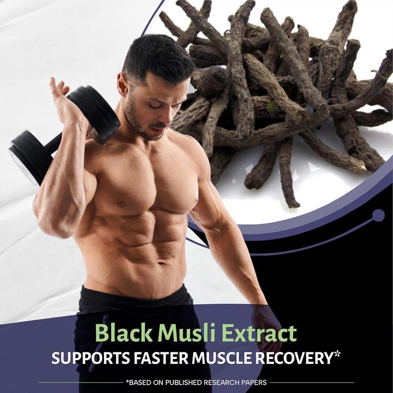 May include: Image features a muscular person holding a dumbbell, with a pile of dark brown roots in the background. Text reads "Black Musli Extract" and "SUPPORTS FASTER MUSCLE RECOVERY*" on a dark blue background.