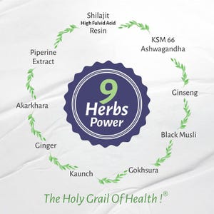 May include: An informational graphic with a white background lists nine herbs: Piperine Extract, Akarkhara, Ginger, Shilajit, KSM 66 Ashwagandha, Ginseng, Black Musli, Kaunch, and Gokhsura. The text "9 Herbs Power" is in a blue circle. The text "The Holy Grail Of Health!" is at the bottom.