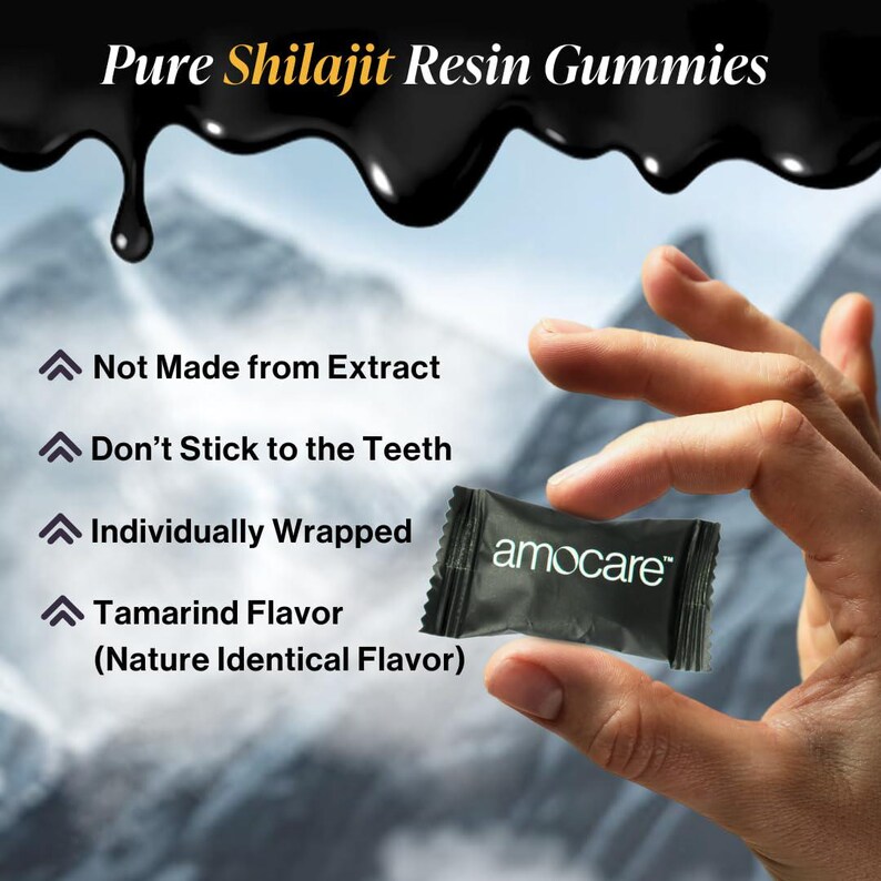 May include: Image of a hand holding a small, black amocare&trade; wrapper containing a Shilajit Resin Gummy. The wrapper is rectangular and has the brand name printed in white. The background features text that reads "Pure Shilajit Resin Gummies."