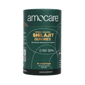 May include: A cylindrical dark green container labeled "amocare" with "ORIGINAL HIMALAYAN SHILAJIT GUMMIES". The label also states "With Prebiotics, Magnesium & 84+ Minerals", "400 mg Shilajit", and "No Added Sugar". The container is for 30 gummies, 2 per day.