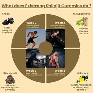 May include: An infographic titled "What does Existrong Shilajit Gummies do?" displays Shilajit, Ashwagandha, Black Musli, and Gokshura. The graphic details the benefits of the gummies over 8 weeks, including enhanced strength, reduced fatigue, and improved mood.