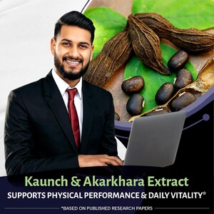 May include: Image features a man in a black suit with a red tie, smiling and looking at a laptop. The background includes plant leaves, seeds, and the text "Kaunch & Akarkhara Extract" promoting physical performance and daily vitality.