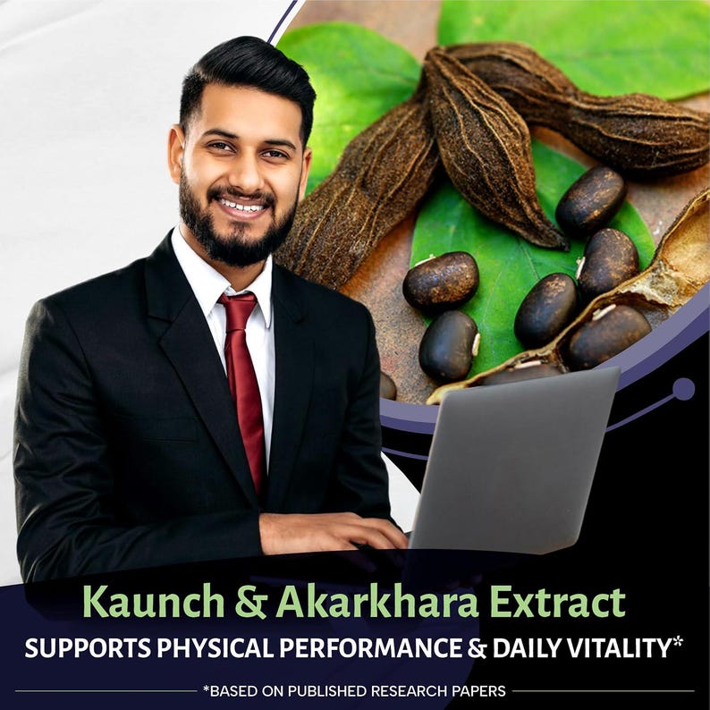 May include: Image features a man in a black suit with a red tie, smiling and looking at a laptop. The background includes plant leaves, seeds, and the text "Kaunch & Akarkhara Extract" promoting physical performance and daily vitality.