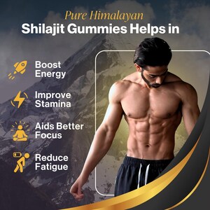 May include: An advertisement for Shilajit Gummies, featuring a muscular man and text that reads "Pure Himalayan Shilajit Gummies Helps in Boost Energy, Improve Stamina, Aids Better Focus, Reduce Fatigue."
