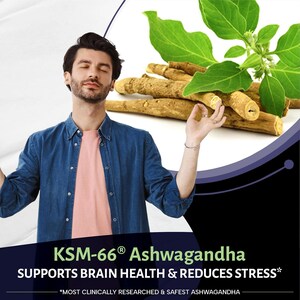 May include: Image features a man with closed eyes, wearing a blue denim shirt and a pink t-shirt. Ashwagandha roots and green leaves are in the background. Text reads "KSM-66 Ashwagandha SUPPORTS BRAIN HEALTH & REDUCES STRESS".