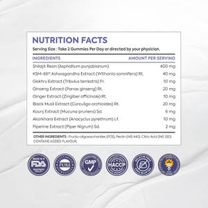 May include: A white label displays "NUTRITION FACTS" with a list of ingredients and amounts per serving. Ingredients include Shilajit Resin, Ashwagandha Extract, and Ginseng Extract. The label also states "Serving Size: Take 2 Gummies Per Day".