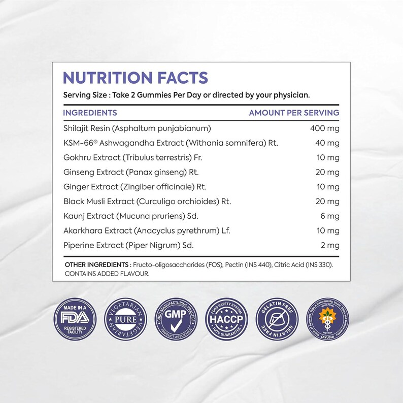 May include: A white label displays "NUTRITION FACTS" with a list of ingredients and amounts per serving. Ingredients include Shilajit Resin, Ashwagandha Extract, and Ginseng Extract. The label also states "Serving Size: Take 2 Gummies Per Day".