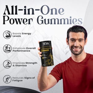 Puede incluir: Un anuncio de SESA Wellness Himalayan Shilajit Gummies. La imagen presenta a un hombre sosteniendo un recipiente cil&iacute;ndrico negro de gomitas. El recipiente dice "Himalayan Shilajit Gummies". El fondo incluye el texto "All-in-One Power Gummies."