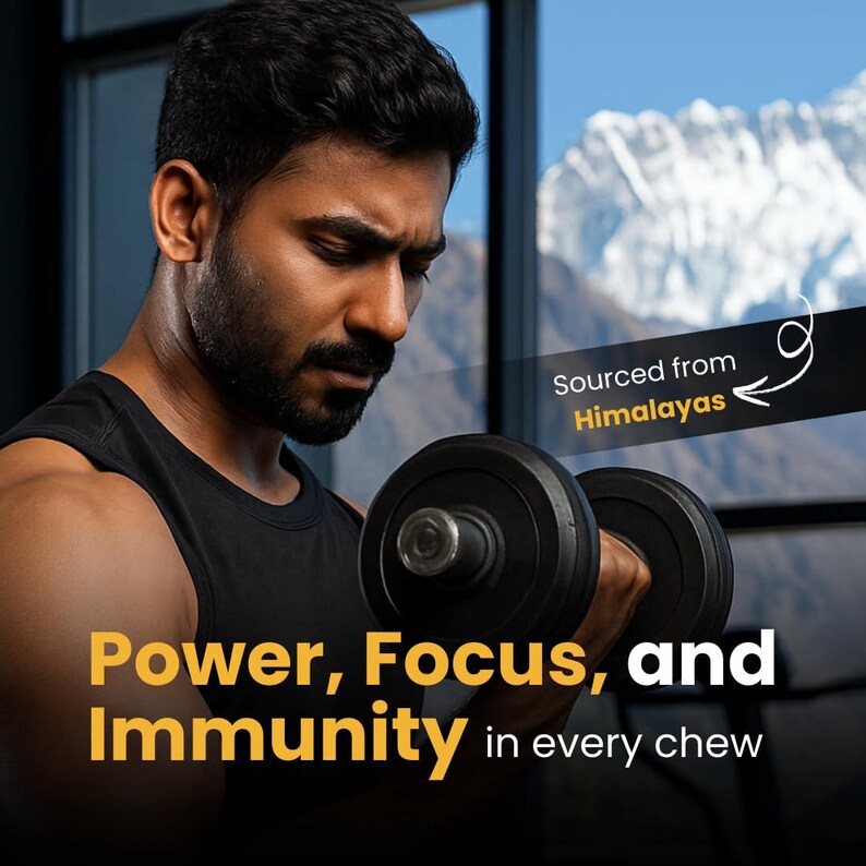 May include: A man in a black tank top lifts a black dumbbell. The image includes the text "Power, Focus, and Immunity in every chew" and "Sourced from Himalayas."