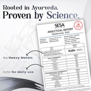 Puede incluir: Un informe anal&iacute;tico de SESA Wellness, certificado por laboratorio, con el texto "Rooted in Ayurveda. Proven by Science." El informe detalla el an&aacute;lisis de Himalayan Shilajit Gummies, incluyendo resultados de contaminantes met&aacute;licos y contaminaci&oacute;n microbiol&oacute;gica.