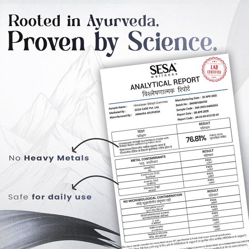 Puede incluir: Un informe anal&iacute;tico de SESA Wellness, certificado por laboratorio, con el texto "Rooted in Ayurveda. Proven by Science." El informe detalla el an&aacute;lisis de Himalayan Shilajit Gummies, incluyendo resultados de contaminantes met&aacute;licos y contaminaci&oacute;n microbiol&oacute;gica.