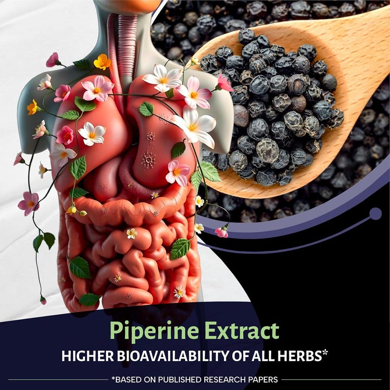 May include: Anatomical illustration of the human digestive system adorned with flowers. A wooden spoon holds black peppercorns. Text reads "Piperine Extract" and "Higher Bioavailability of All Herbs."