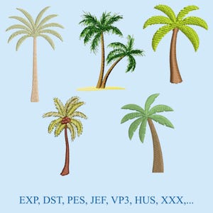 Può includere: Un assortimento di palme ricamate in vari stili e colori, tra cui verde, marrone e beige. L'immagine presenta cinque diversi disegni di palme su uno sfondo azzurro. Il testo in basso recita: EXP, DST, PES, JEF, VP3, HUS, XXX,...