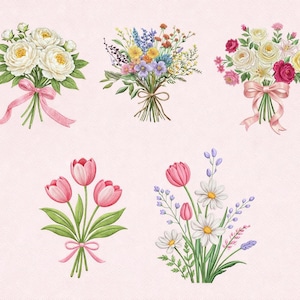 May include: Watercolor illustrations of five bouquets of flowers. The bouquets include white roses, mixed wildflowers, pink and yellow roses, pink tulips, and daisies. Each bouquet is tied with a pink ribbon against a light pink background.