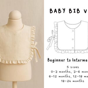 May include: A beige baby bib vest with a ruffled edge and tie closures, displayed on a mannequin. The image includes a line drawing of the bib and text that reads "BABY BIB VEST" and "Beginner to Intermediate".