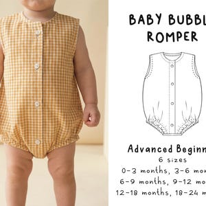 Può includere: Una tutina senza maniche per neonati con motivo a quadretti vichy gialli e bianchi e abbottonatura frontale. L'immagine include un disegno tecnico etichettato BABY BUBBLE ROMPER, Advanced Beginner, 6 taglie da 0-3 a 18-24 mesi.