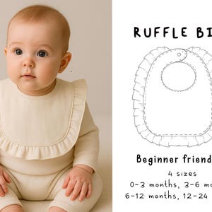 Peut inclure: Un bébé portant un bavoir à volants de couleur crème et un body à manches longues assorti. L'image comprend un dessin au trait du bavoir avec le texte "RUFFLE BIB" et des informations de taille pour les bébés de 0 à 24 mois.