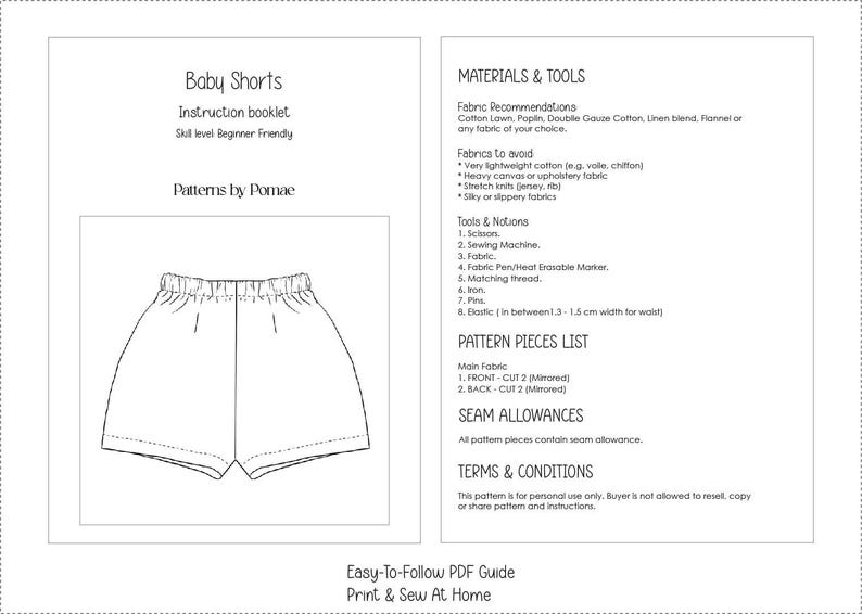 May include: A PDF guide for baby shorts, featuring an illustration of the shorts design. The guide includes a list of materials, tools, and pattern pieces, along with fabric recommendations and seam allowances. The text reads "Baby Shorts" and "Print & Sew At Home."
