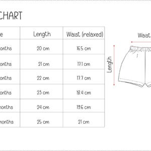 May include: A size chart for baby shorts, with measurements in centimeters. The chart includes sizes from 0-3 months to 18-24 months, with corresponding lengths and waist measurements. The text "SIZE CHART" is at the top.