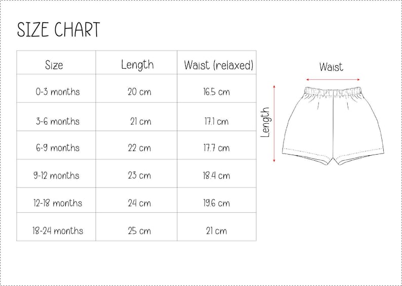 May include: A size chart for baby shorts, with measurements in centimeters. The chart includes sizes from 0-3 months to 18-24 months, with corresponding lengths and waist measurements. The text "SIZE CHART" is at the top.