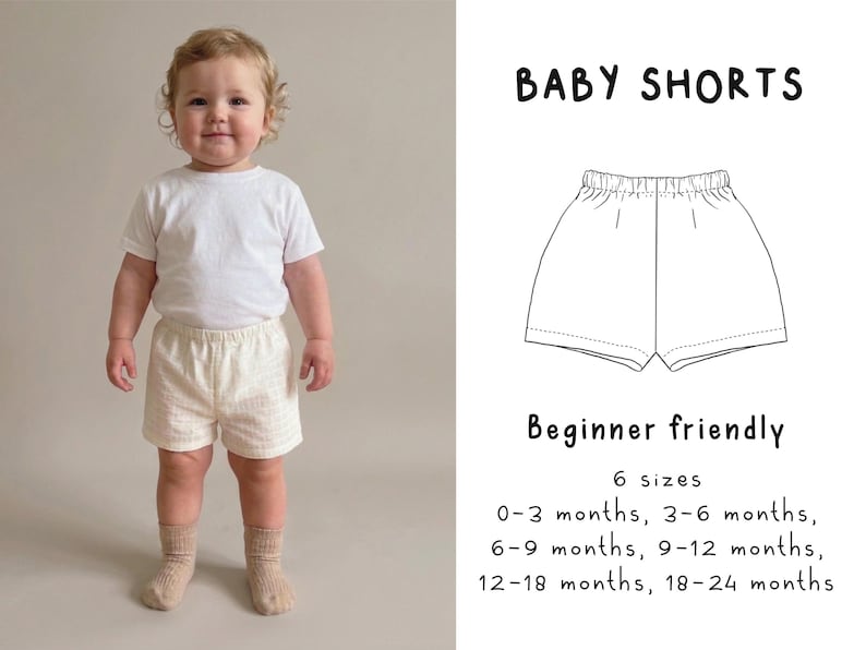 May include: A baby wearing a white t-shirt and cream-colored shorts with a subtle pattern. The image includes text that reads "BABY SHORTS" and details about sizes, including 0-3 months, 3-6 months, and up to 18-24 months.