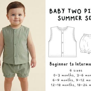May include: A baby wearing a sage green two-piece summer set. The set includes a sleeveless button-up top and matching shorts. The image also shows a line drawing of the outfit and text that reads "Baby Two Piece Summer Set".