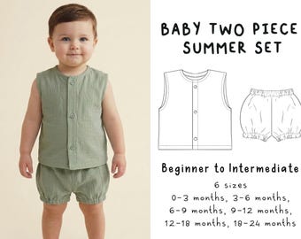 Patrón de costura en PDF para conjunto de verano de dos piezas para bebé, patrón de top y bombachos, conjunto de descanso para bebé, patrones de costura fáciles para bebés.