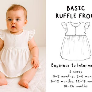 Pode incluir: Um bebé com um vestido branco com folhos. O vestido tem botões na frente e mangas com folhos. O texto diz "BASIC RUFFLE FROCK" e "Beginner to Intermediate" com tamanhos para bebés de 0 a 24 meses.