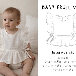 Può includere: Un bambino con un gilet bianco con volant con un design a balze e chiusure con fiocco. L'immagine mostra anche un disegno al tratto del gilet e il testo "BABY FRILL VEST" e "Intermediate" con informazioni sulle taglie.