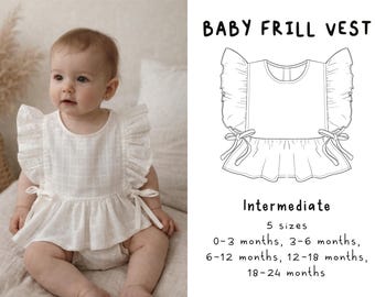 Patrón de costura para chaleco con volantes para bebé, top con mangas con volantes para bebé, chaleco con lazo peplum, top peplum para bebé, patrones de costura para bebé