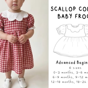 May include: A red and white gingham frock with a white scalloped collar and puff sleeves with lace trim. The text reads SCALLOP COLLAR BABY FROCK, Advanced Beginner, 6 sizes, 0-3 months, 3-6 months, 6-9 months, 9-12 months, 12-18 months, 18-24 months.