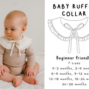 Könnte beinhalten: Ein Baby-Rüschenkragen mit Bindeband, getragen von einem Baby in einem beigen Langarm-Body. Das Bild enthält eine Strichzeichnung des Kragens mit dem Text: BABY RUFFLE COLLAR, Beginner friendly, 7 sizes, 0-3 months to 24-36 months.