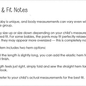 May include: White background with the text "Sizing & Fit Notes". The text explains that every baby is unique and measurements can vary. It also details how to adjust sizing and hem options for a good fit. The text is in black.