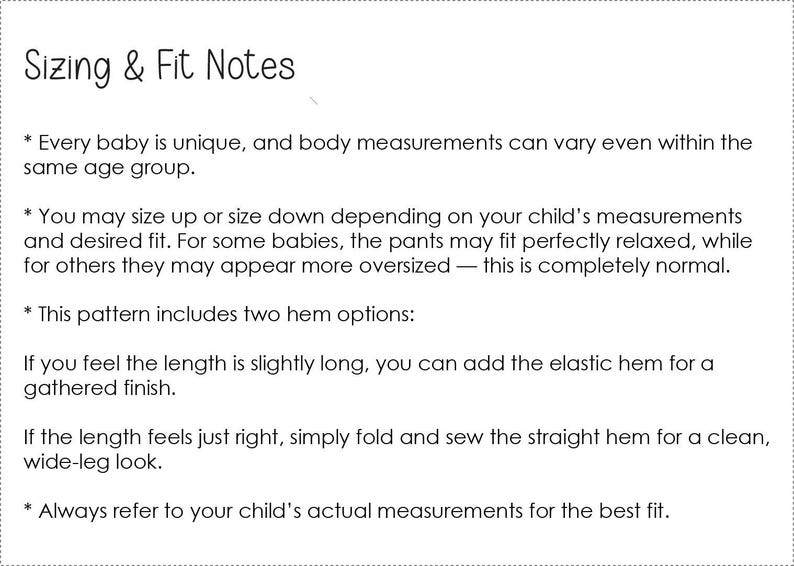 May include: White background with the text "Sizing & Fit Notes". The text explains that every baby is unique and measurements can vary. It also details how to adjust sizing and hem options for a good fit. The text is in black.