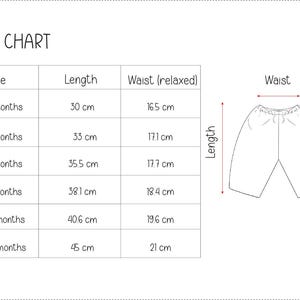 May include: A size chart for baby shorts, with measurements in centimeters. The chart includes sizes from 0-3 months to 18-24 months, with corresponding lengths and waist measurements. A diagram of the shorts is also included.