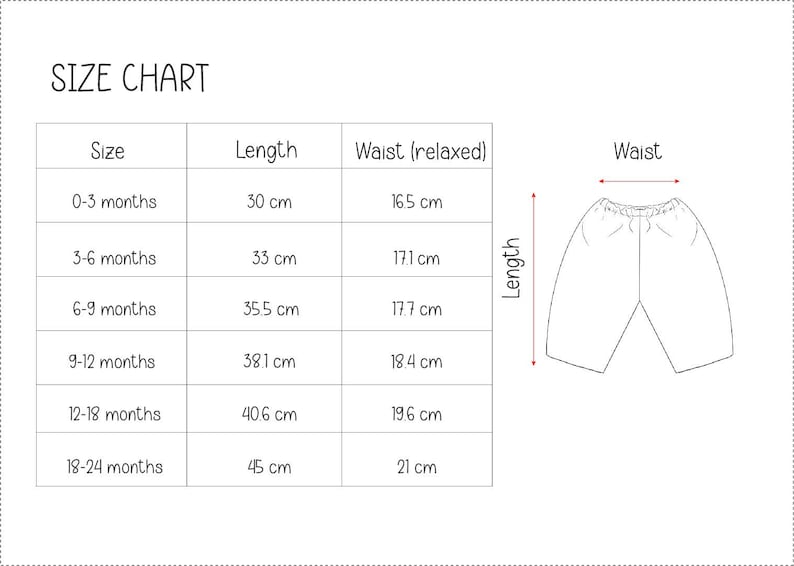 May include: A size chart for baby shorts, with measurements in centimeters. The chart includes sizes from 0-3 months to 18-24 months, with corresponding lengths and waist measurements. A diagram of the shorts is also included.