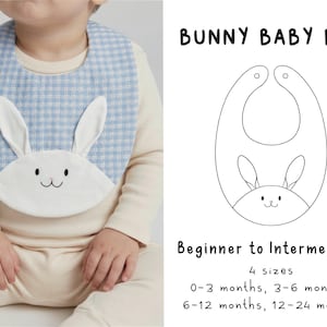 May include: A baby bib with a bunny face design. The bib has a blue and white checkered pattern and white bunny ears. The text "BUNNY BABY BIB" is above a line drawing of the bib. The text "Beginner to Intermediate" and size information are also included.