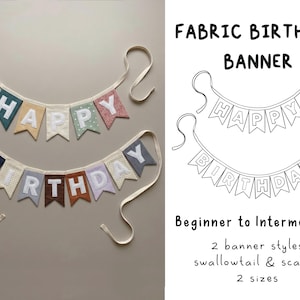 May include: Two fabric birthday banners with swallowtail and scallop pennants featuring white letters spelling HAPPY BIRTHDAY. The text FABRIC BIRTHDAY BANNER, Beginner to Intermediate, 2 banner styles swallowtail & scallop, and 2 sizes is visible.
