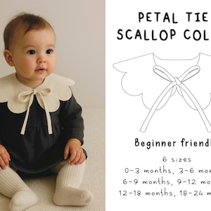 May include: A baby wearing a dark gray dress with a cream-colored petal tie scallop collar. The collar has a scalloped edge and a bow tie. Text on the right reads "PETAL TIE SCALLOP COLLAR" and "Beginner friendly" with size options.