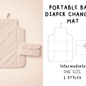 May include: A beige portable baby diaper changing mat and matching pouch. The mat is rectangular with a quilted pattern and a loop for hanging. The pouch has a flap closure with a bow detail. The image also includes a line drawing of the mat and pouch.